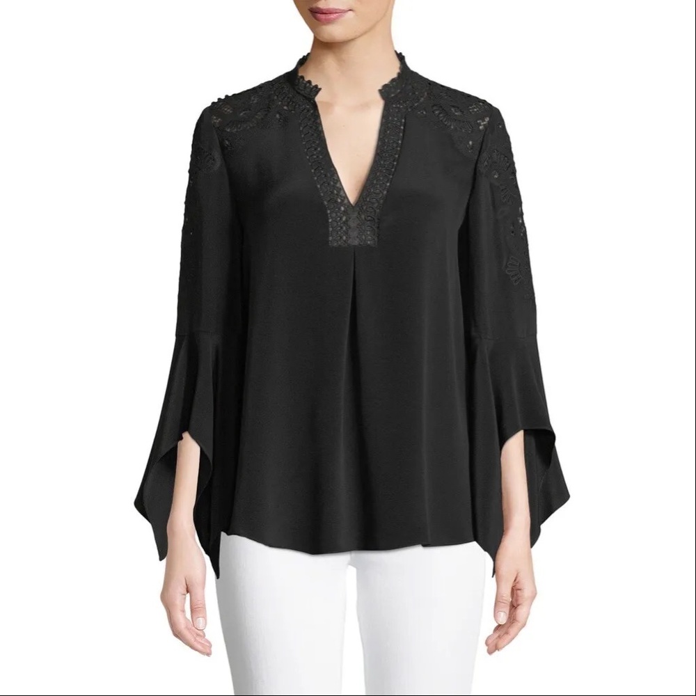 Kobi Halperin Jessa V Neck Silk Blouse Embroidered Lace Flared Long Sleeve XS